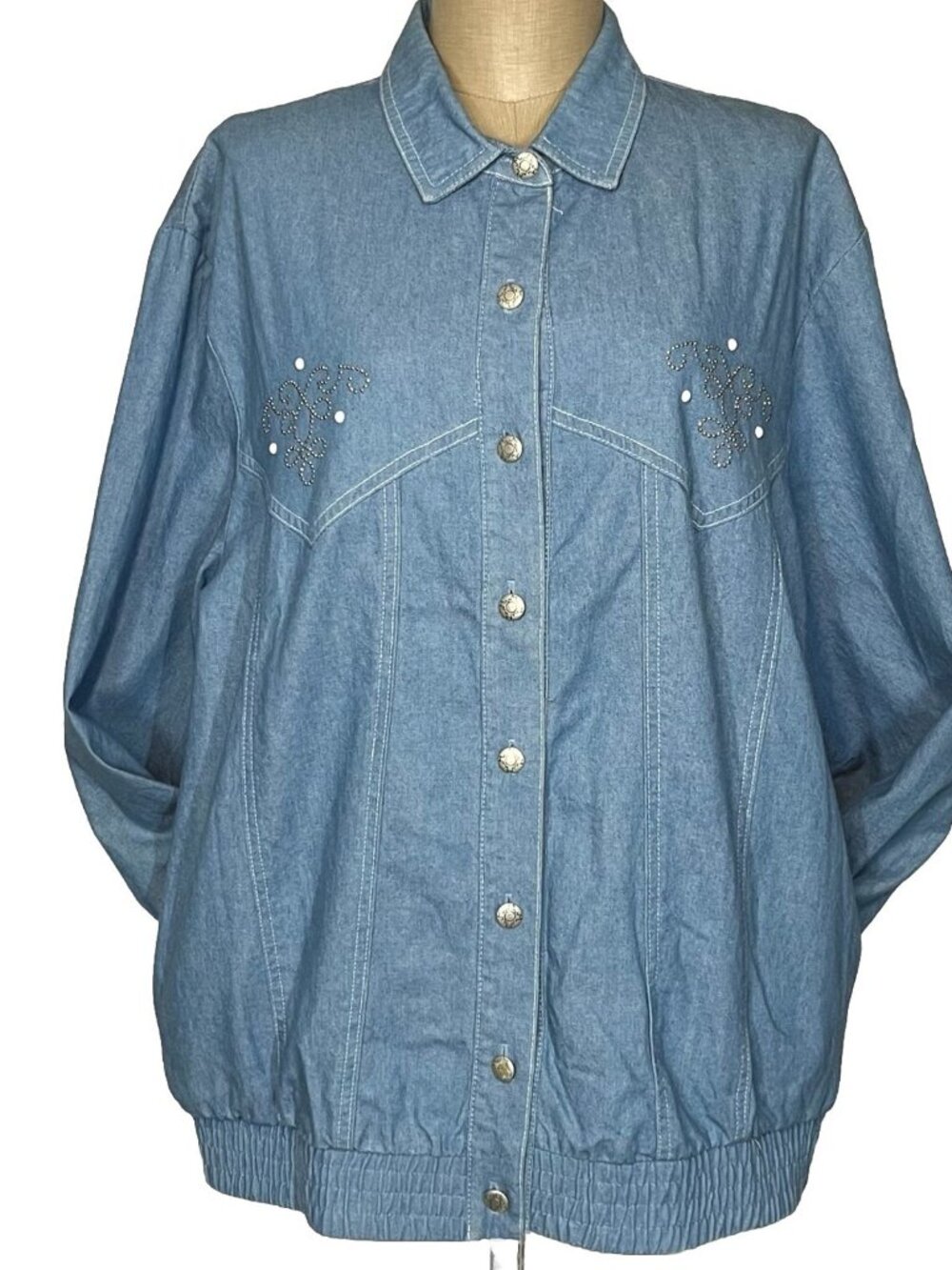 VTG Denim Embellished Shirt Jacket Women’s Plus Size 2X Blue Button Up Pockets